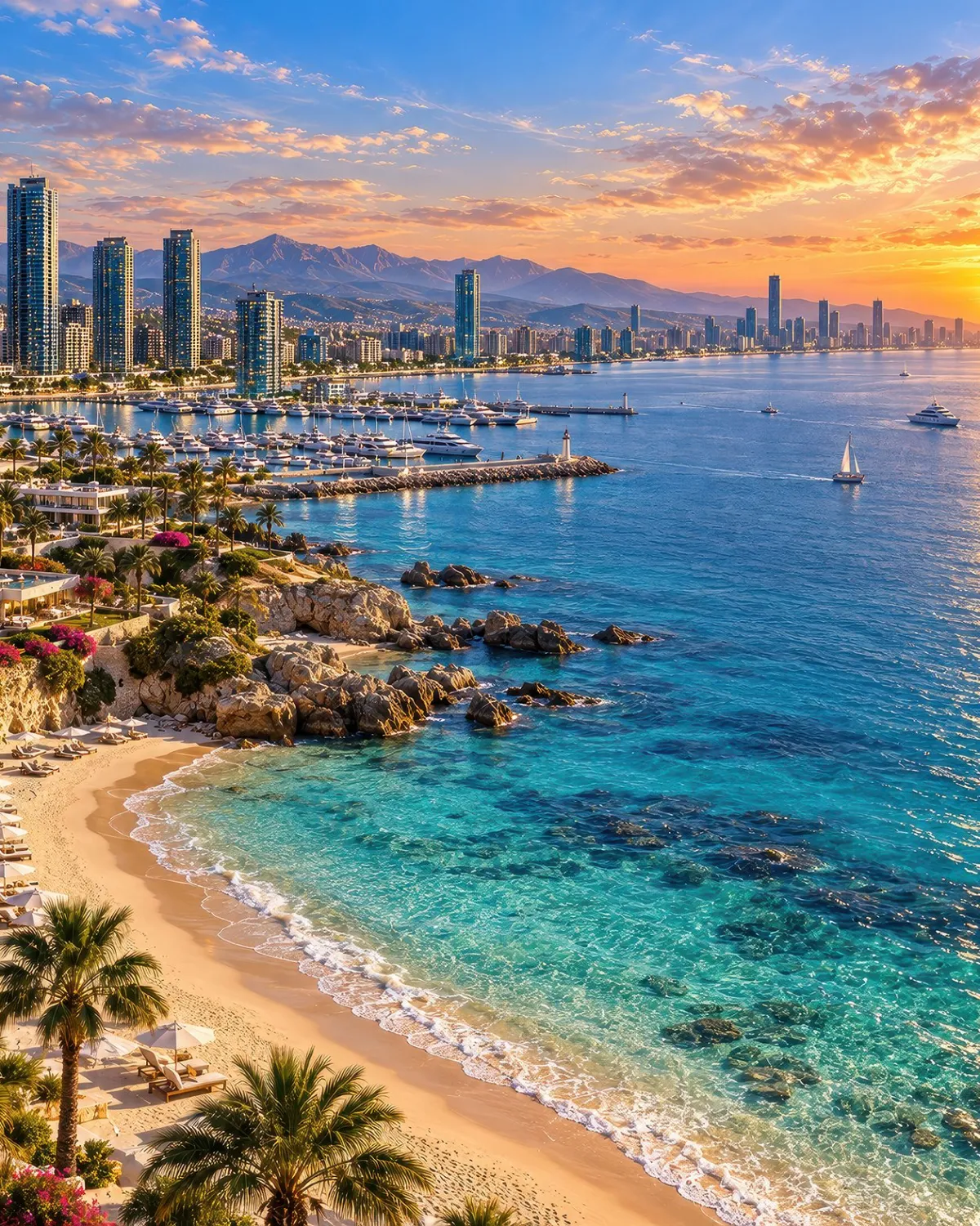 Mediterrane Küste mit Strand, Palmen, Hochhäusern und Bergen bei Sonnenuntergang.