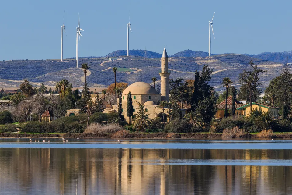 Die Moschee Hala Sultan Tekke zwischen Palmen spiegelt sich im Salzsee von Larnaka.